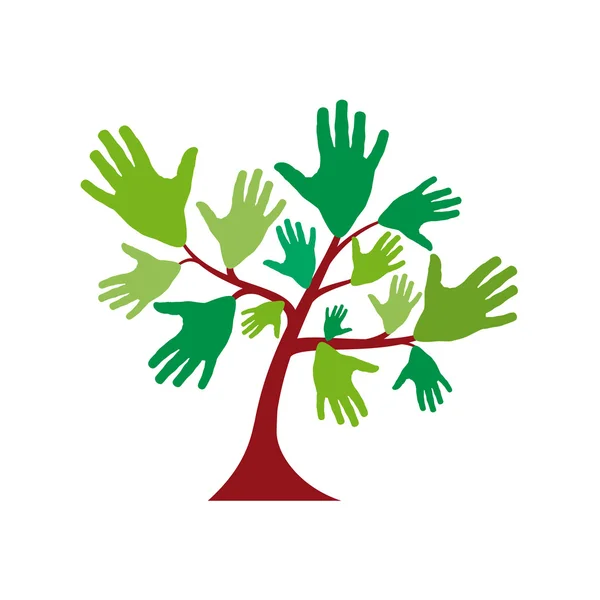 Signe de vecteur vert arbre à mains — Image vectorielle